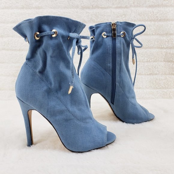 Denim Drawstring Open Toe High Heel Ankle Boots - Picture 4 of 9